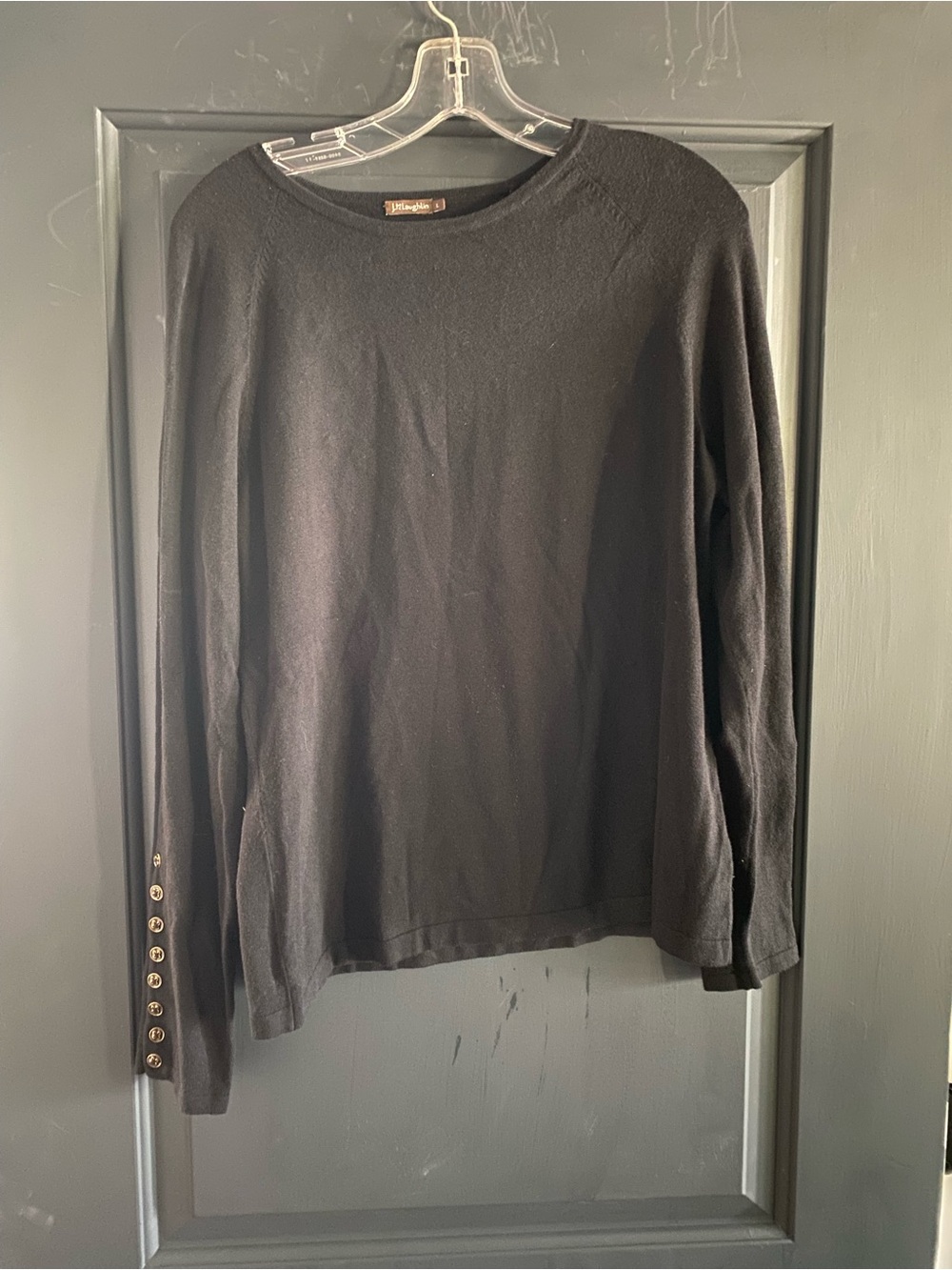 J. McLaughlin Black Crewneck Sweater with Button-Cuff Detail